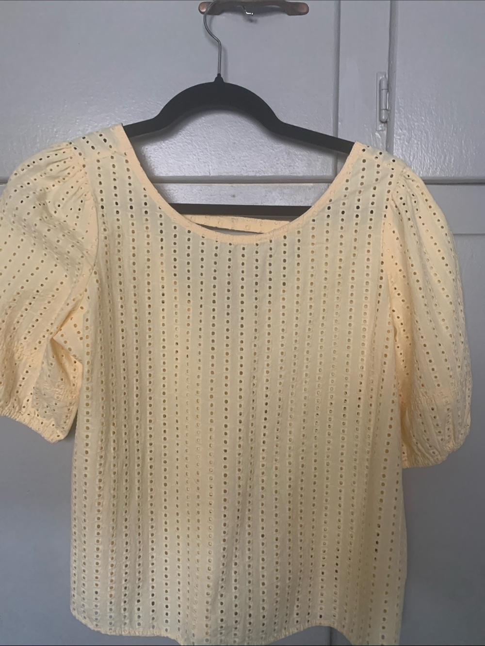 LOFT Pale Yellow Eyelet Puff-Sleeve Top